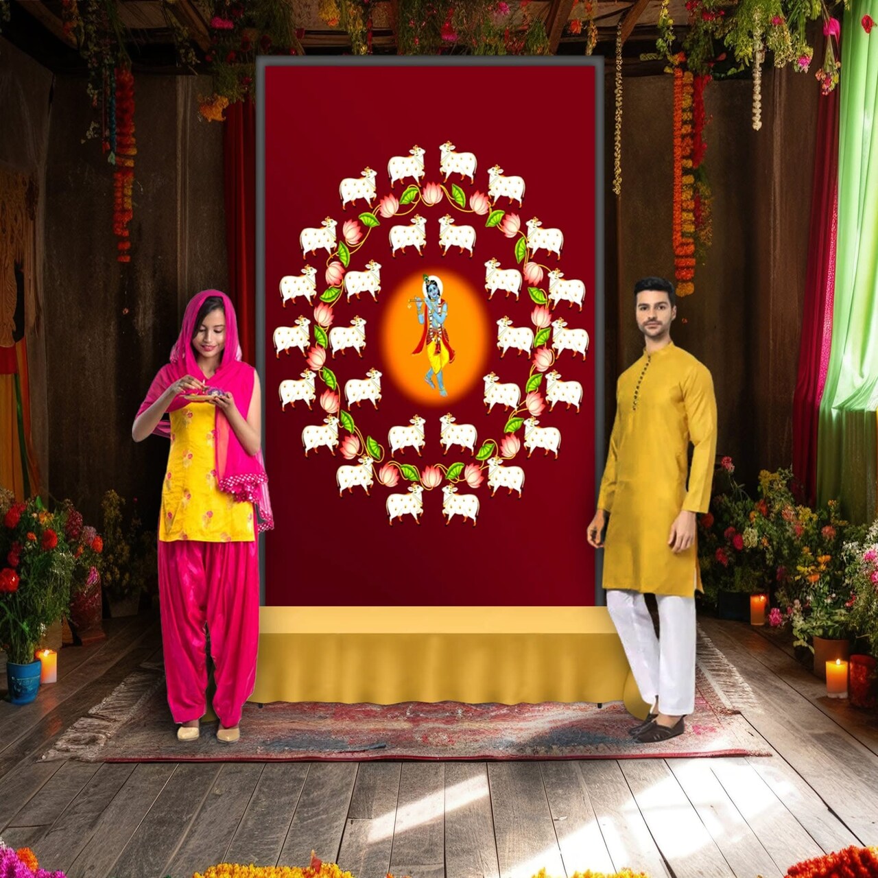 Lord Krishna Backdrop with Cow Indian Traditional Cloth Pooja Backdrop Indian Wall Art Photo Decor Banner Designer Wall Hangings Diwali Decor Wedding Housewarming Gift